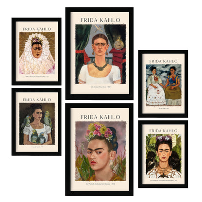 Set de 6 láminas con retratos icónicos de Frida Kahlo en estilo expresionista para decorar salón, dormitorio o estudio artístico – 2 grandes y 4 medianos