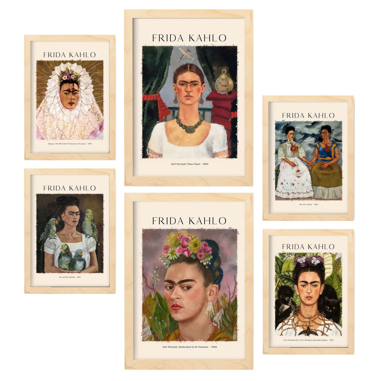Lámina poster set 6 de Frida Kahlo. Galería del pintor. Cuadros decorativos para tu salón, dormitorio, hogar. Estampados de arte de pared. Tamaños A4 y A3
