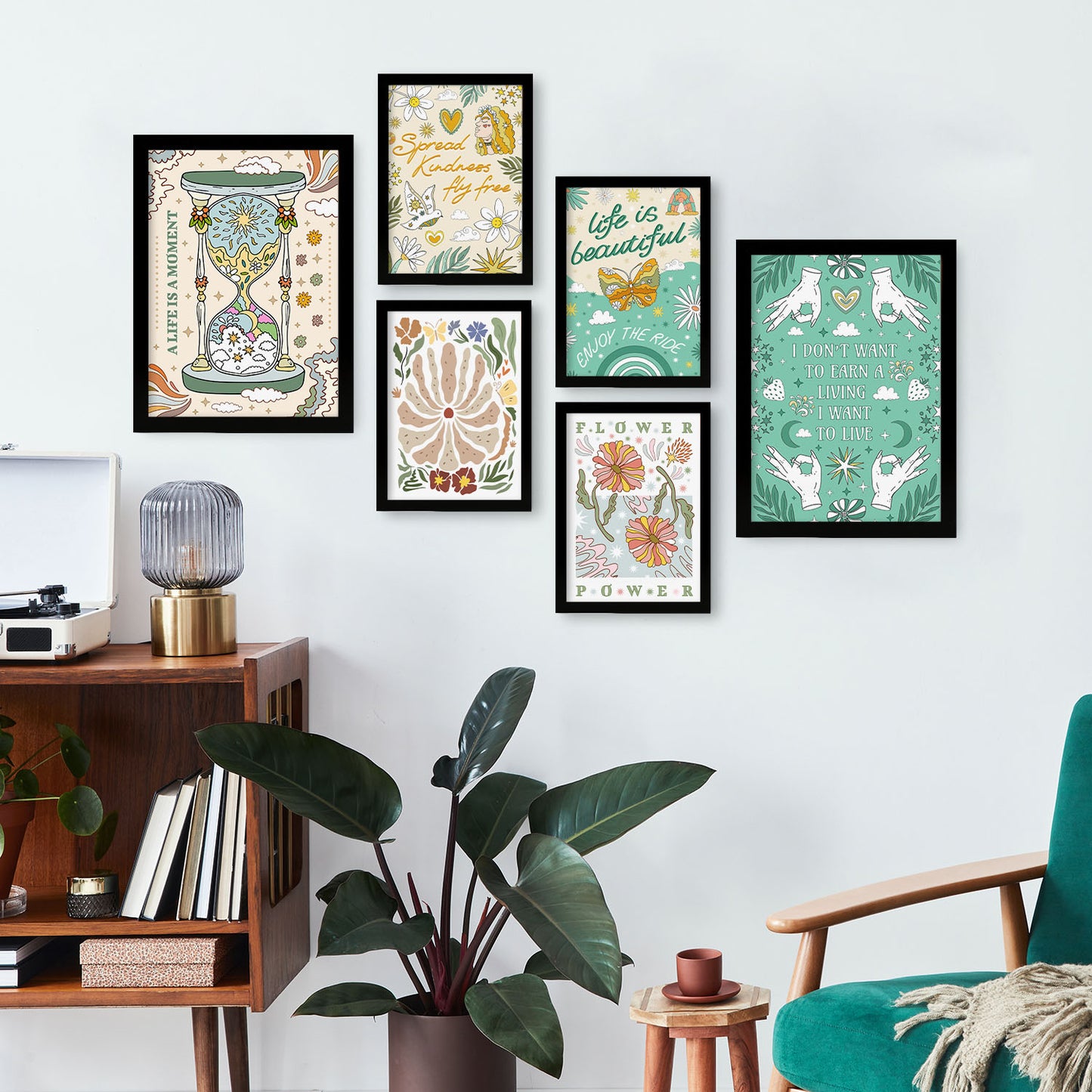 Nacnic Set de 6 Laminas de Live in Brilliant Groovy Style Prints Collection. Cuadros decorativos estéticos para su sala de estar, dormitorio, hogar. Impresión de arte de pared. Tamaños A4 y A3