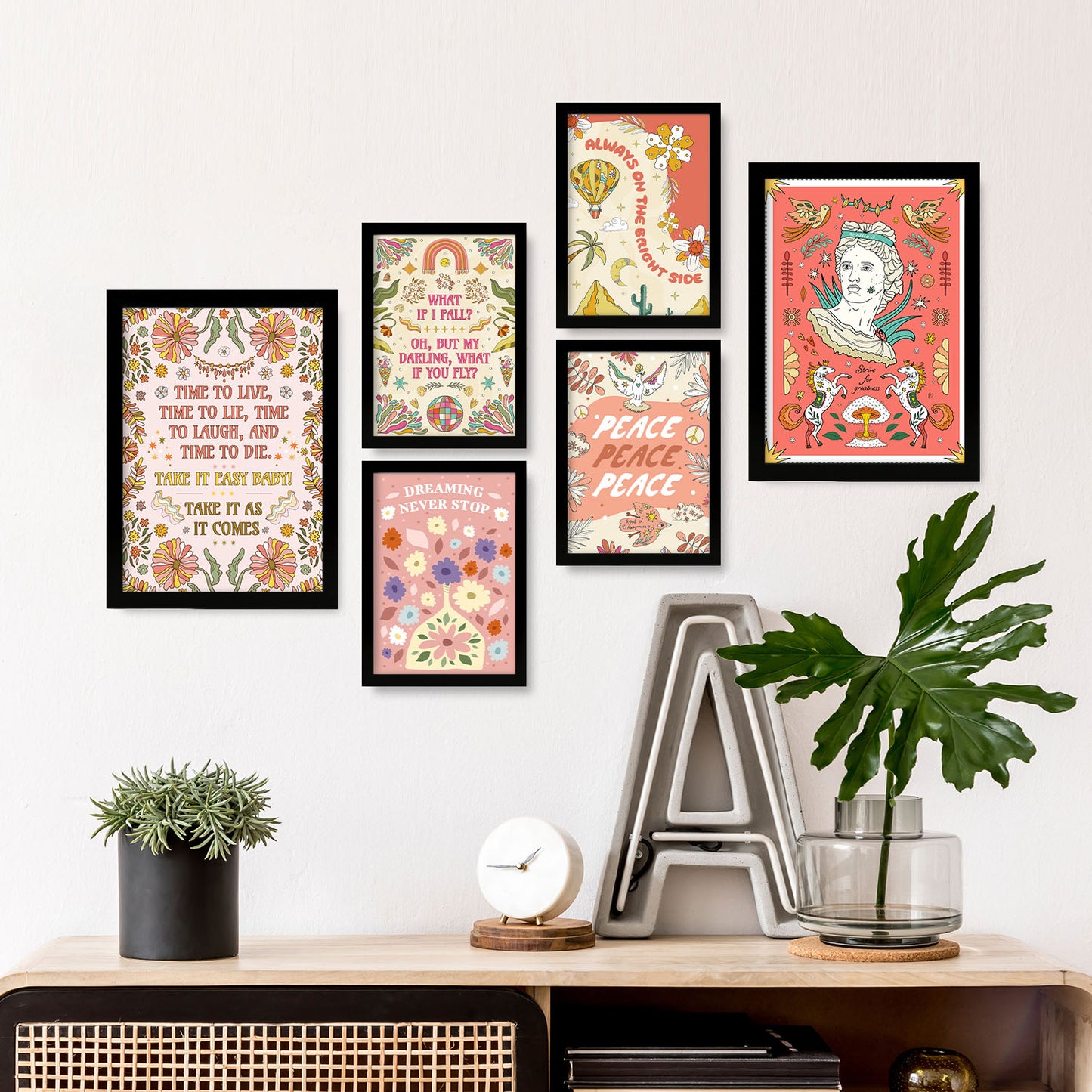 Nacnic Set de 6 Laminas de rosa en colección de estampados de estilo Groovy Brilliant Groovy. Cuadros decorativos estéticos para su sala de estar, dormitorio, hogar. Impresión de arte de pared. Tamaños A4 y A3