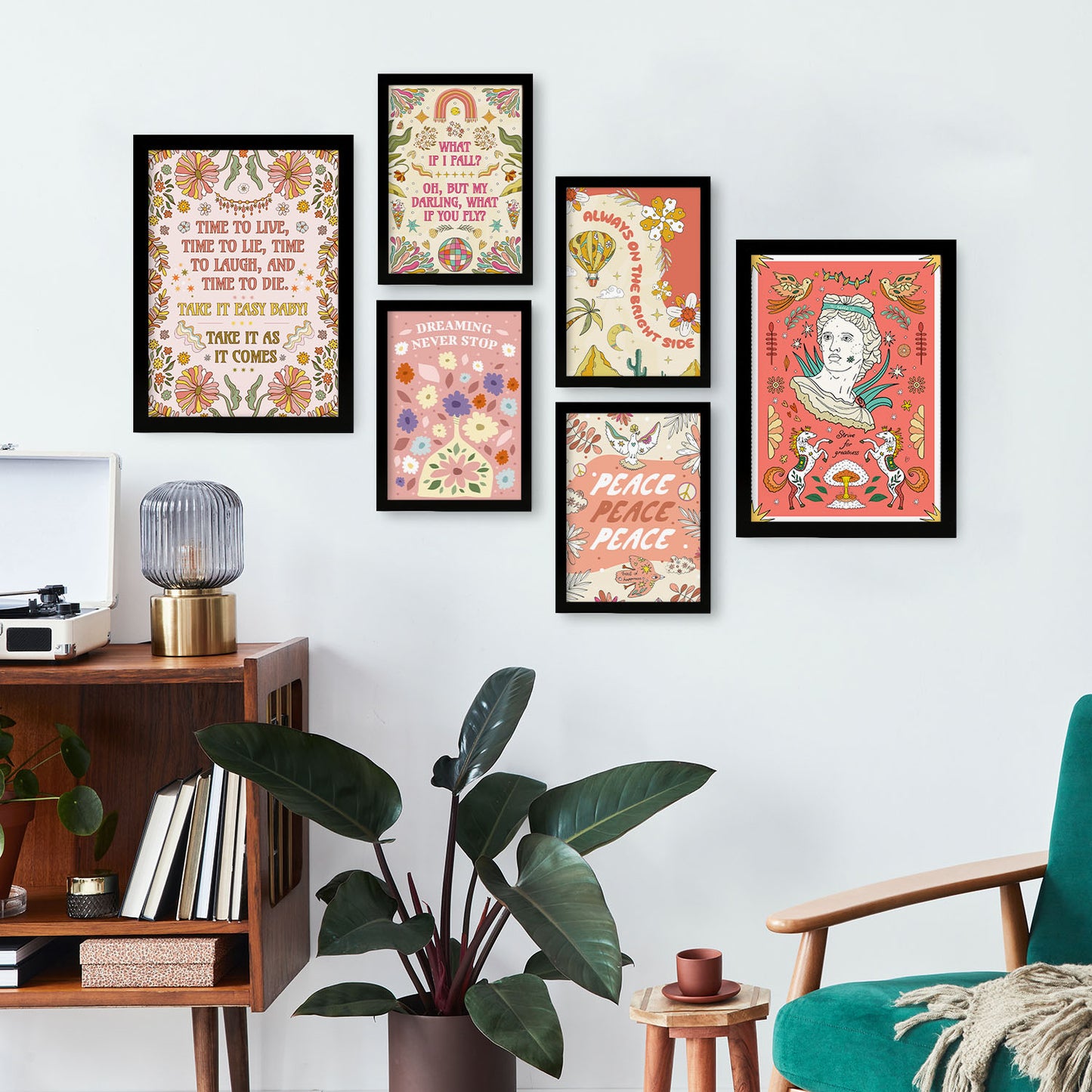 Nacnic Set de 6 Laminas de rosa en colección de estampados de estilo Groovy Brilliant Groovy. Cuadros decorativos estéticos para su sala de estar, dormitorio, hogar. Impresión de arte de pared. Tamaños A4 y A3