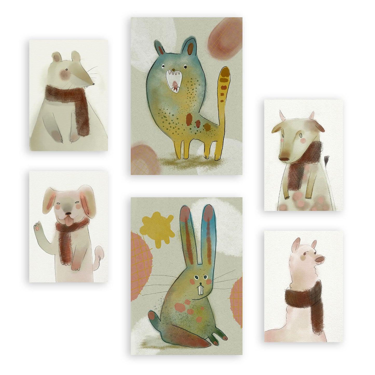 Nacnic Set de 6 Conejos y cachorros 1 Posters. En Resúmenes de animales. Estampados decorativos estéticos para su sala de estar, dormitorio, hogar Tamaños A4 y A3