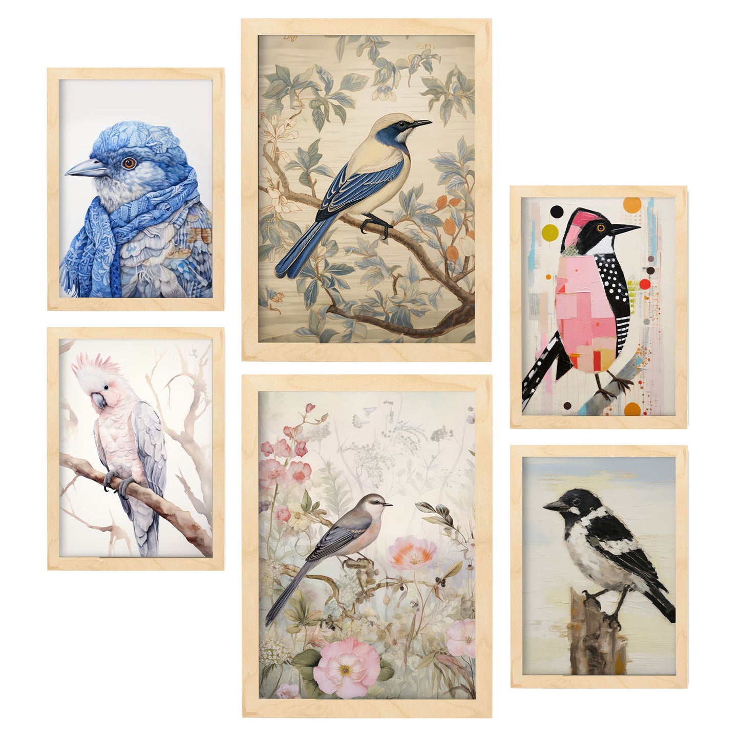 Nacnic Set de 6 Ilustraciones de pájaros Posters. En Huellas de guardería. Estampados decorativos estéticos para su sala de estar, dormitorio, hogar Tamaños A4 y A3