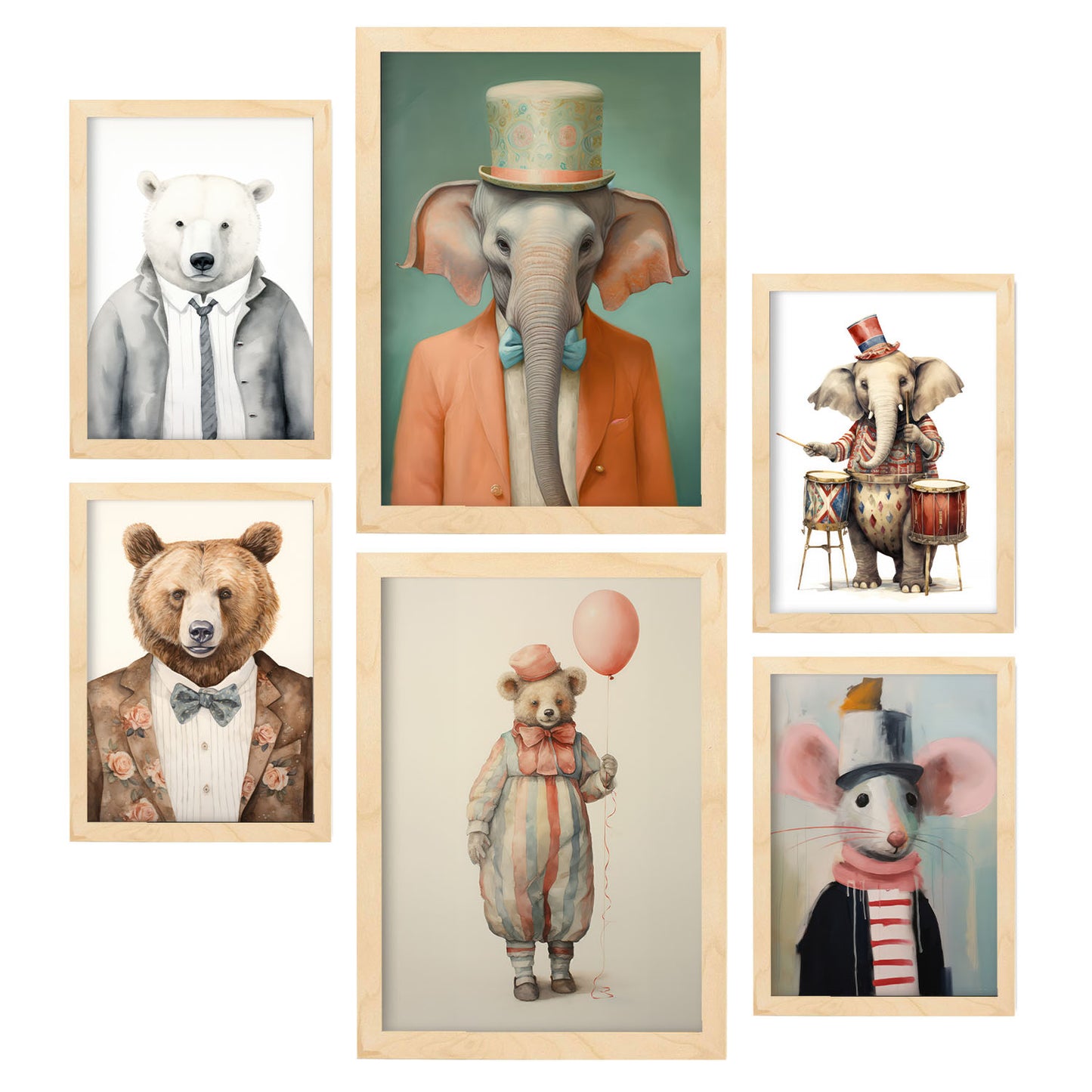 Nacnic Set de 6 Animales de circo Posters. En Huellas de guardería. Estampados decorativos estéticos para su sala de estar, dormitorio, hogar Tamaños A4 y A3